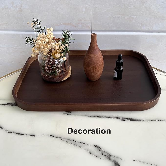 Wood Vanity Tray, Bathroom Counter Solid Walnut Color Organizer, Toilet Tank Top Wooden Serving Plate for Dinner Tea Coffee Brown Color, 15 x 11 inch 2 Pack