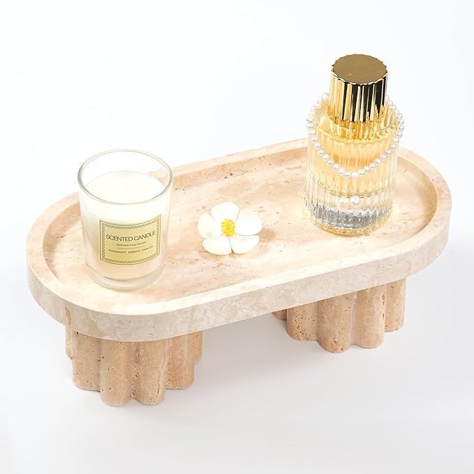 Travertine Marble Perfume Tray - Oval Decorative Stone Pedestal with Scalloped Legs for Bathroom Vanity Coffee Table Kitchen Countertop, Footed Jewelry Holders Organizers