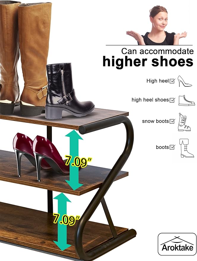 3-Tier Shoe Rack, Wooden Shoe Storage with S Shape Heavy Duty Metal Free Standing, Shoe Organizer Shelf for Entryway, Living Room, Closet, Bedroom (Rustic)