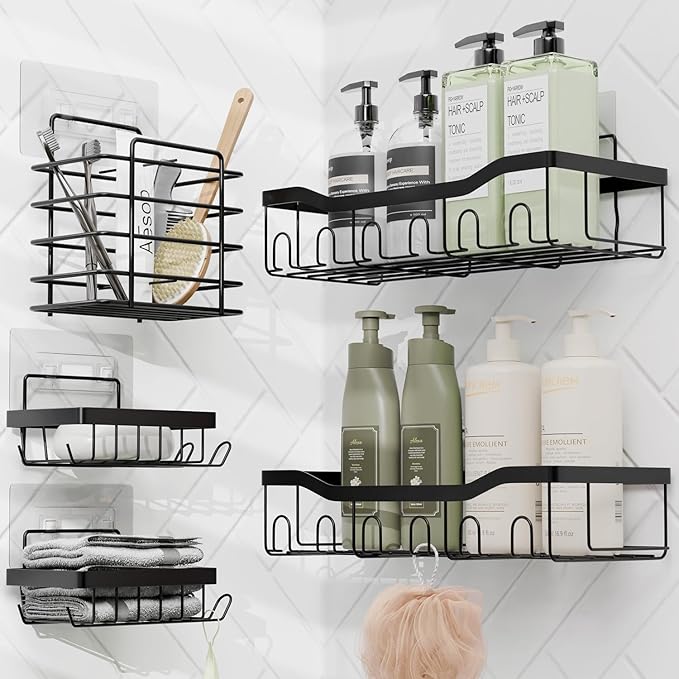 Clara Clark Bathroom Accessories Set - Bathroom Set with Adhesive Corner Shower Caddy Hanging, 25PC Bathroom Accessory Set, Grey Shower Curtain Set, Toilet Brush, Trash Can & Soap Dispenser