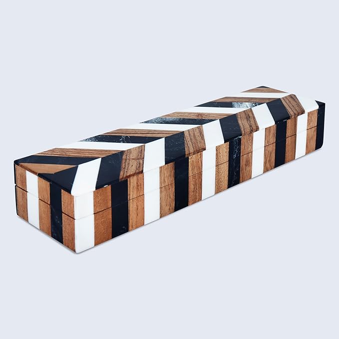 Handicrafts Home Slim Decorative Storage Box with Lid Wooden Entryway Organizer Key Holder Box for Hallway Console Table â Natural Wood Resin Inlay Marquet Cosmo Collection- 10x2.5x1.5