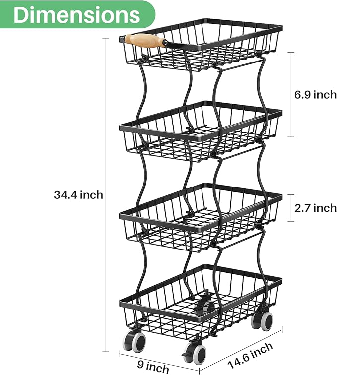 SAYZH Fruit Basket Kitchen Pantry Organizers and Storage - 4 Tier Stackable Metal Wire Basket Stand for Fruit Vegetable Snacks Jars Bins Containers Organization, Black
