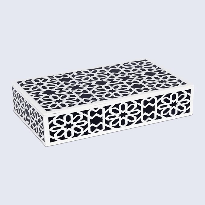 Handicrafts Home Decorative Storage Box with Lid – Black White Islamic Floral Geometry Remote Control Box, Slim Persian Mosaic Storage Box for Shelf, Desk & Living Room Decor – Shiraz 8 x 6 x 1.5