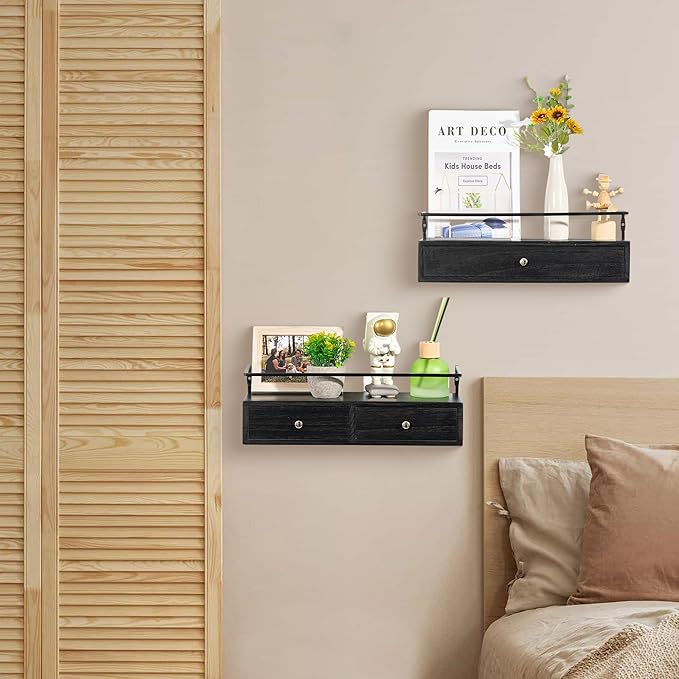 Floating Shelves - Wall Mounted Bathroom Shelf Set of 2 with Drawers, Rustic Wood Shelves for Bedroom, Living Room, Kitchen, Home Decor, Plants, Books (Black)