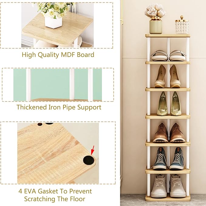 SORCEDAS 7 Tiers Vertical Shoe Rack Wooden Shoe Storage Organizer for Space Saving Narrow Shoe Shelf Storage 7 Pairs for Entryway Living Room Bedroom(White+Oak)