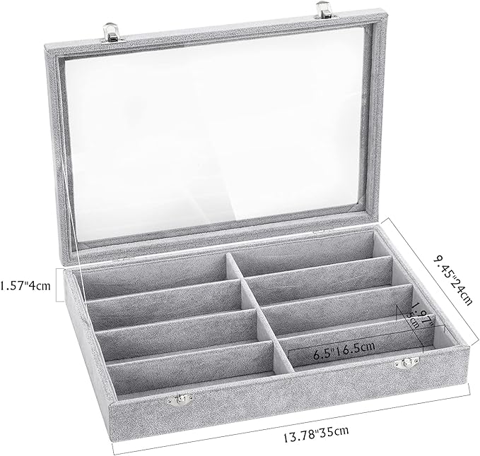 Emibele Glasses Organizer Jewelry Tray, 8 Grids with Clear Lid Velvet Tray Watch Storage Stackable Jewelry Showcase Display Storage with Detachable Inner Dividers - Grey