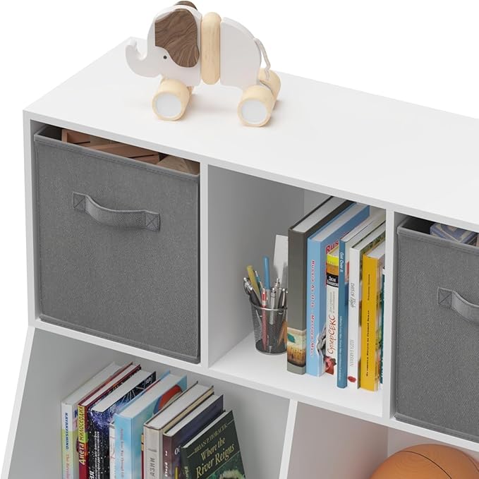 Kids Bookshelf, 5-Cubby Wood Toy Storage Cabinet with Two Drawers, Toy Storage Cubby, Toy Storage Organizer for Children's Room, Playroom, Hallway, Kindergarten, School, Grey