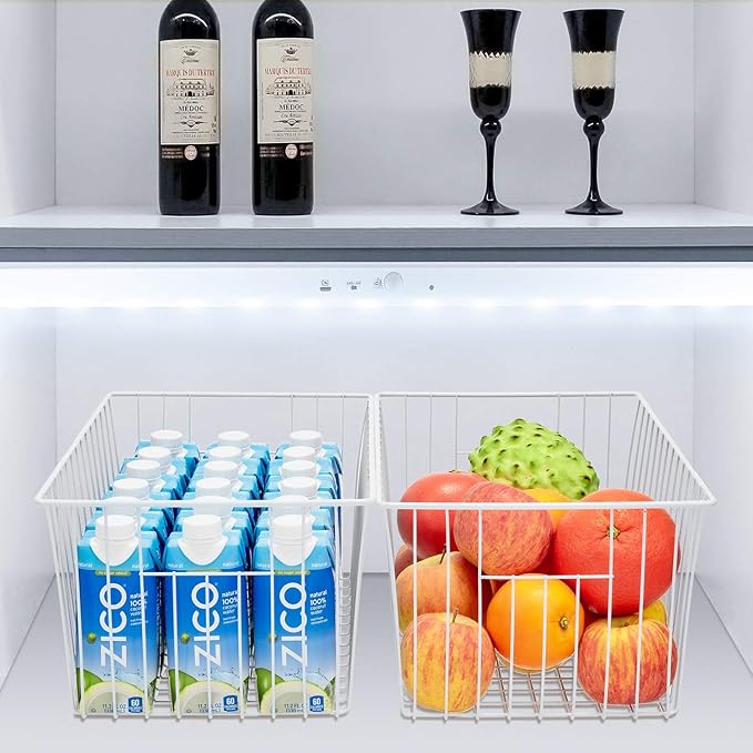 Upright Freezer Organizer Bins, Freezer Baskets for 16, 17, 21 cu.ft Standup Freezer, Wire Storage Baskets with Built-in Handles for Frozen Foods, Snacks, Vegetables, Fruits and More, Set of 6 , White