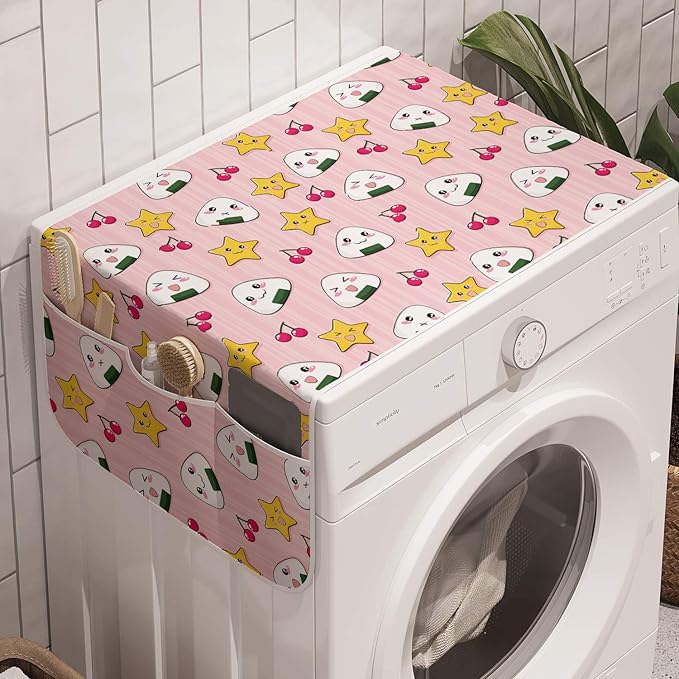 Ambesonne Japan Washing Machine Organizer, Japanese Foods Rice Ball Cherries Kawaii Anime Pattern Design, Anti-slip Fabric Cover for Washers and Dryers, 47" x 18.5", Pink