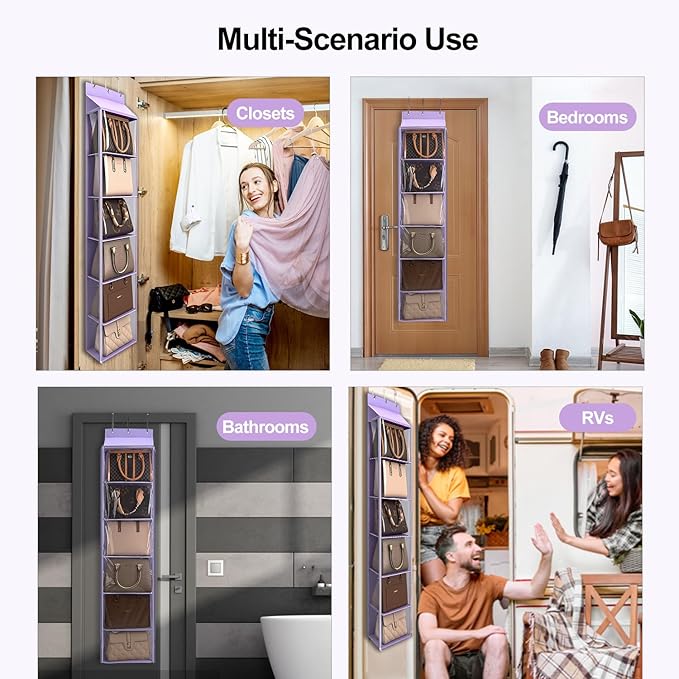 Lirex Over The Door Purse Organizer & Purse Shelf for Closet – Handbag Storage Organizer with Purse Hanger. Perfect for Scarves, Hats, and Leggings. S (11.8'' x 5'' x 51.6''), Purple