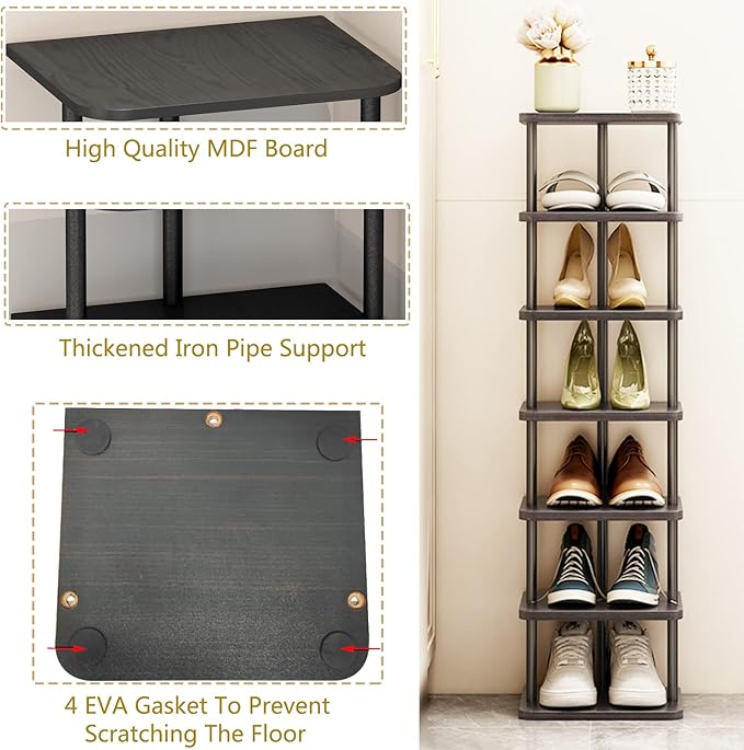 SORCEDAS 7 Tiers Vertical Shoe Rack Wooden Shoe Storage Organizer for Space Saving Narrow Shoe Shelf Storage 7 Pairs for Entryway Living Room Bedroom(Black + Rustic Dark Brown)