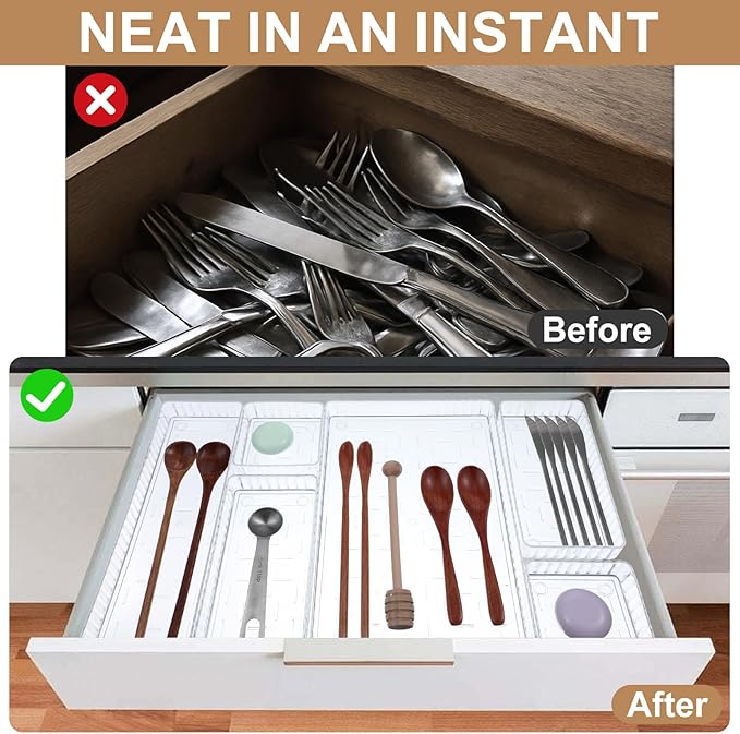MAQUITA 18 PCS Clear Plastic Drawer Organizer Set 4 Large Size Versatile Kitchen and Bathroom Organizer Trays, Non-Slip Storage Bins for Makeup, Utensils, Tool and Office Desk