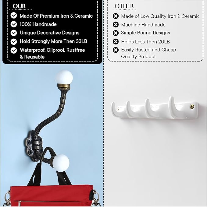 Indian Shelf 6 Pieces Heavy Duty Double Prong White Decorative Coat Hooks Unique Coat Rack Wall Mount Ceramic Wall Hooks for Hanging Towel Holder Backpack Purse Hanger- Style 7