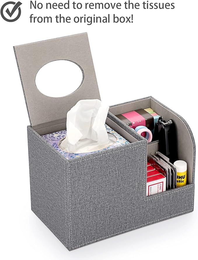 Sumnacon Square Linen Tissue Box Cover - Decorative Cube Tissue Box Holder with Side Organizer, Modern Tissue Box for Living Room Vanity Night Stand Table Countertop Office, Grey