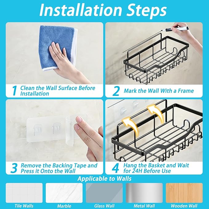 Adhesive Shower Caddy, 5-Pack Rustproof Stainless Steel Bathroom Organizer with 28 Hooks, No-Drill Large Capacity Shower Shelves for Bathroom Storage & Home Dรฉcor, Black