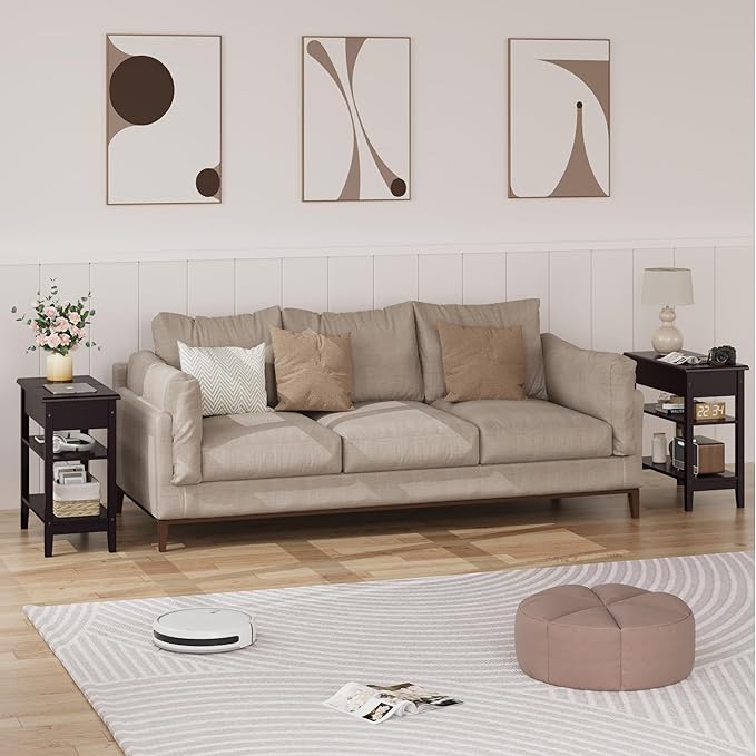 End Table, 3-Tier Flip Top Side Table, Narrow Nightstand with Storage Shelves, for Small Spaces, Living Room, Brown