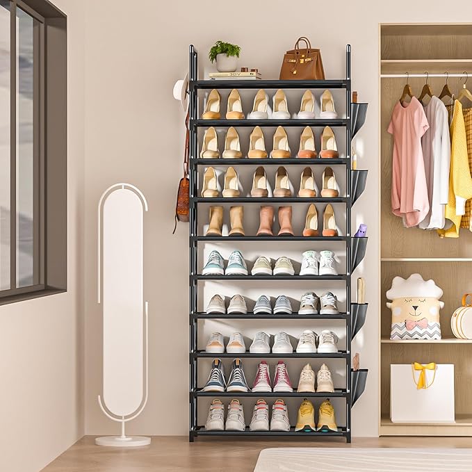 Tall Shoe Rack - 10 Tier Shoe Organizer with Metal Shelf, 5 Hooks, Pocket & Sturdy Stand for Closet Shoes