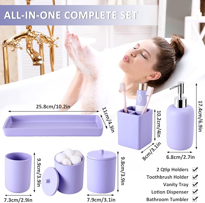 Resin Purple Bathroom Accessories Set 6Pcs - Lotion Soap Dispenser, Toothbrush Holder, Bathroom Tumbler, Qtip Holder & Vanity Tray, Modern Bathroom Countertop Organizer for Home