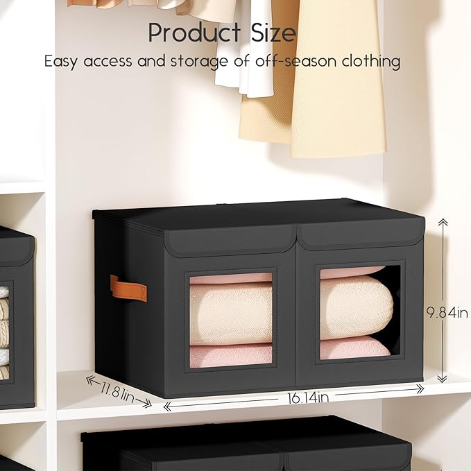 Large Closet Storage Bins - Collapsible Divided Clothes Organizer with Lids & Dual Window, Fabric Organizing Bins for Clothes, Sweater, Bedroom, Office (Black, 2 Pack)