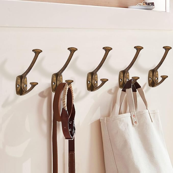 5 Pack Antique Brass Hooks Decorative Heavy Duty Solid Large Coat Hooks for Towel Hanging Coats Robe Wall Mounted Towel Bags Door Back Bathroom Wall Hook.