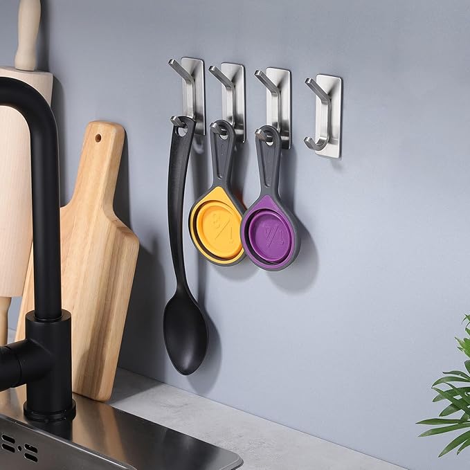 Taozun Upgraded 4-Pack Brushed Stainless Steel Adhesive Hooks - Stylish Bathroom & Coat Hooks Holder for Towels, Robes