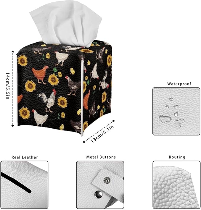 Rooster Chicken Sunflower Tissue Box Cover Modern Tissue Case Facial Paper Organizer Dispenser Square Decorative PU Leather Tissue Box Holder for Vanity Countertop