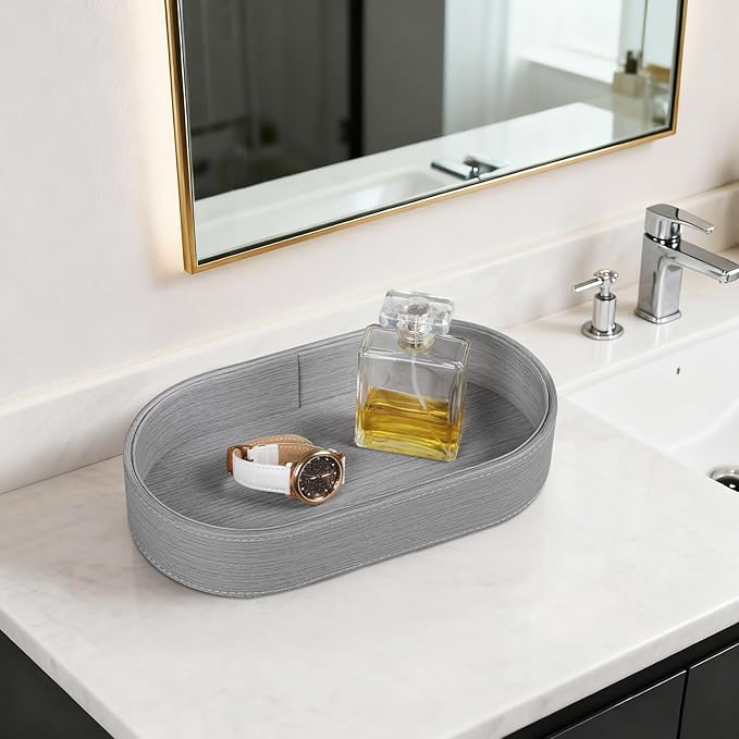 Oval Desk Valet Tray, PU Leather Perfume Dish Bowl for Keys Wallet Watch, Decorative Trinket Vanity Jewelry Tray, Entryway Nightstand Organizer Women Men (Grey)