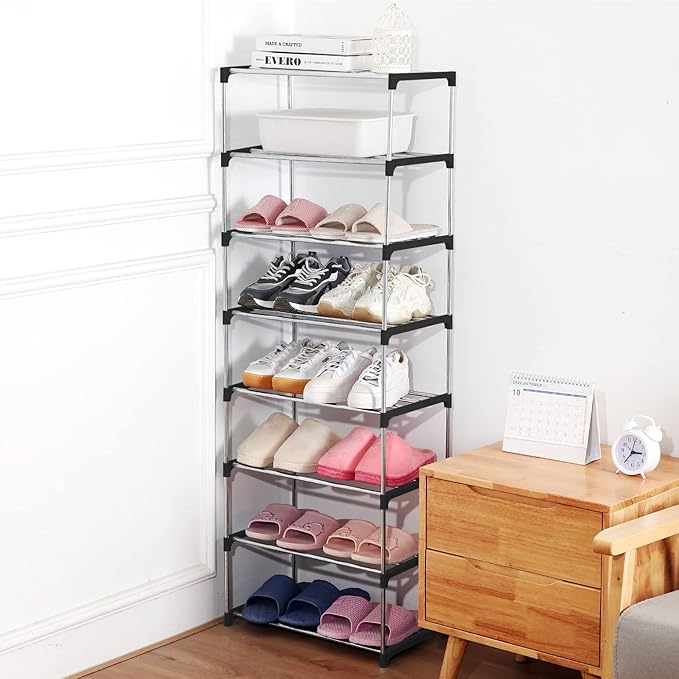 Small Shoe Rack, Narrow Stackable Shoe Shelf Organizer for Entryway, Doorway and Bedroom Closet (4-Tier, Black)