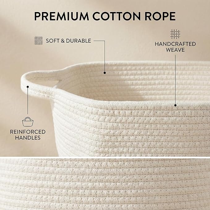 BOMINICA Cotton Rope Storage Basket with Handles, Natural Woven Basket, Decorative Rectangle Organizer Bin for Home, Nursery, Montessori, Pet Toy Storage and Bathroom Organization, Grey&White