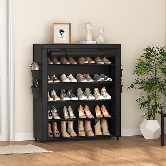 Shoe Rack with Cover, 5 Tier Shoe Organizer Storage for 20-24 Pair Shoes and Boots Large Shoe Storage Shelf Space Saving Vertical Shoe Rack for Closet, Front Door Entrance, Dorm, Garage