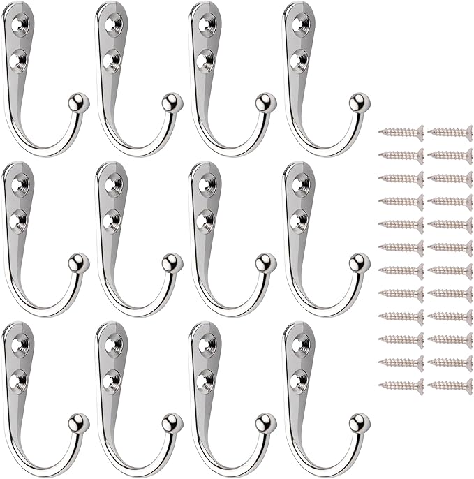 12 Pack Silver Coat Hooks Wall Mounted, Rustproof Zinc Alloy Metal Hooks for Hanging Coats, Heavy Duty Utility Key Holder Hooks with Screws for Bathroom, Entryway, Kitchen, Hat, Towel, Cup, Robe
