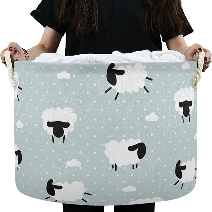 visesunny Cute White Sheep Animal Dot Grey Collapsible Large Capacity Basket Storage Bin with Durable Cotton Handles, Home Organizer Solution for Office, Bedroom, Closet, Toys, Laundry