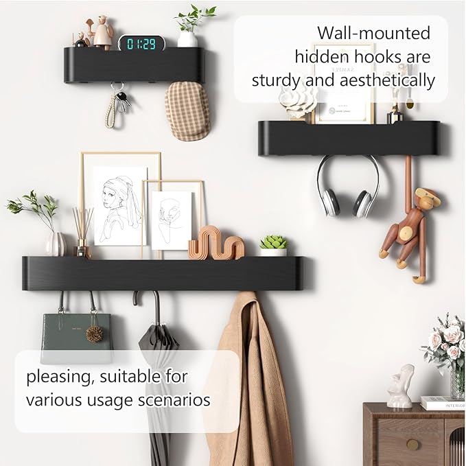 Coat Rack Wall Mount with Shelf 8 Hidden Hooks Modern Wooden Key Holder Entryway Organizer for Hallway Bedroom Bathroom Home Decor Storage for Hanging Coats Hats Bags Towels, Black