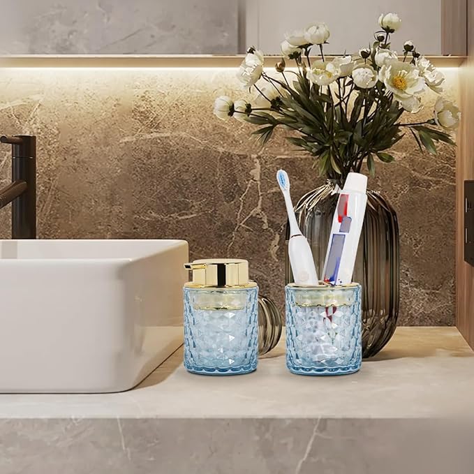 Bathroom Accessories 2 Piece Set Glass Soap Dispenser and Toothbrush Holder, 10oz Foaming Soap Dispenser, Blue Toothbrush and Toothpaste Holder Organizer Cup for Modern Bathroom Decor