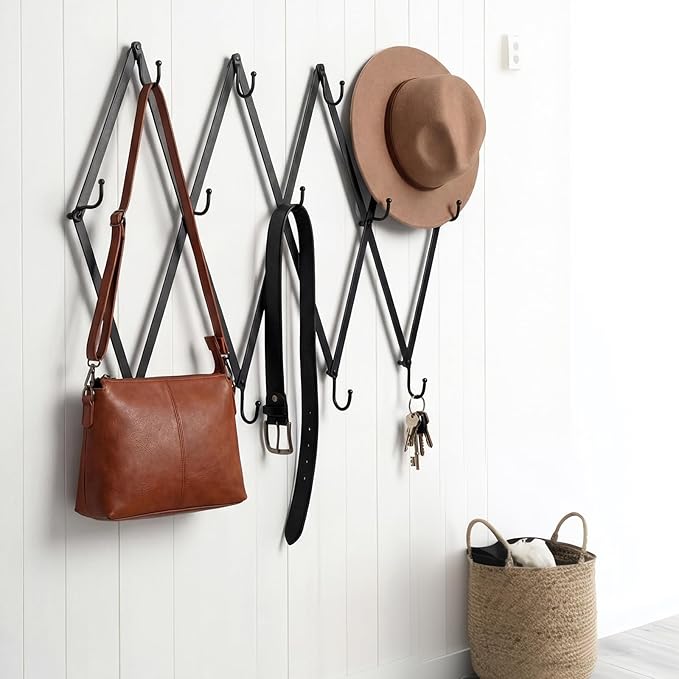 Kathfly Vintage Accordion Wall Hanger Folding Hand Forged Iron Accordion Rack Metal Expending Hat Coat Rack Wall Hook for Towels, Hats, Mugs, Bags, Stockings (13 Hooks,Black)