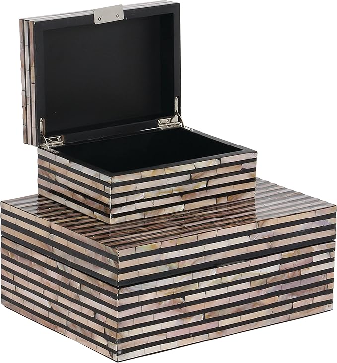 Deco 79 Mother of Pearl Shell Handmade Decorative Box Decorative Keepsake Boxes with Linear Mosaic Pattern and Hinged Lid, Set of 2 Storage Boxes 12", 8"W, Black