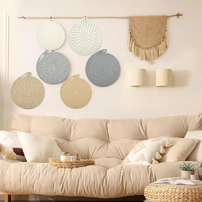 Hot Pads for Kitchen & Quartz Countertops – 6-Pack 8-Inch Cotton Trivets for Hot Dishes, Pots and Pans, Machine Washable Farmhouse Kitchen Decor with Storage Basket