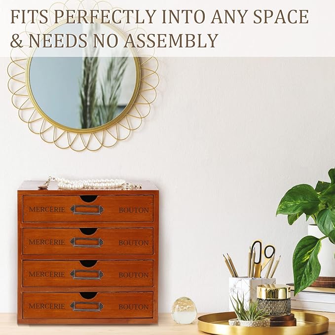 Wesiti 4 Drawer Vintage Wooden Desk Organizer, Apothecary Cabinet Storage Drawers, Rustic Shelf Drawer, Home Office Organizers and Accessories, Embroidery Floss, Craft, Art, Jewelry Storage, Stackable