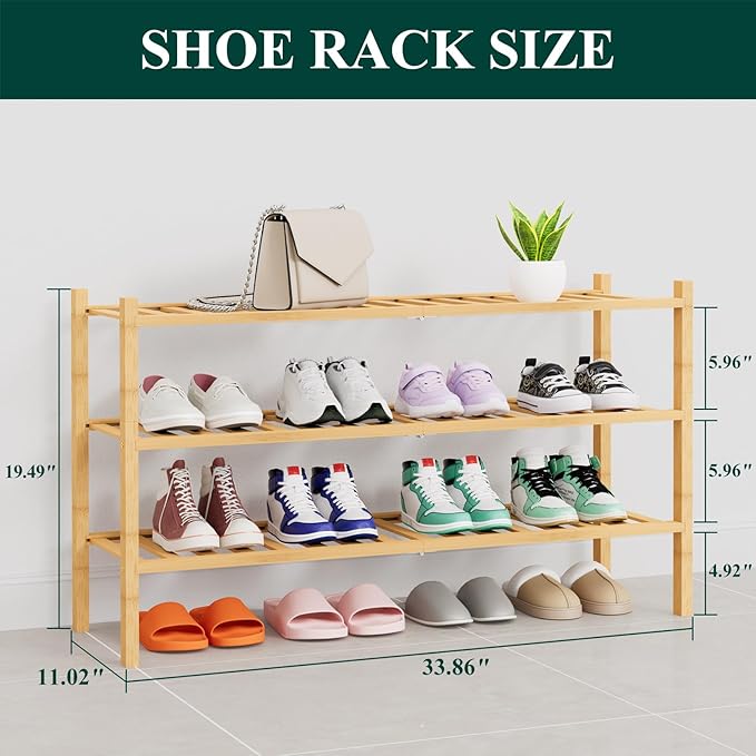 Smiry Shoe Rack, 3 Tier Thick Long Bamboo Shoe Organizer, Stackable Free Standing Wooden Shoe Storage Shelf for Closet, Entryway, Front Door Entrance, Natural