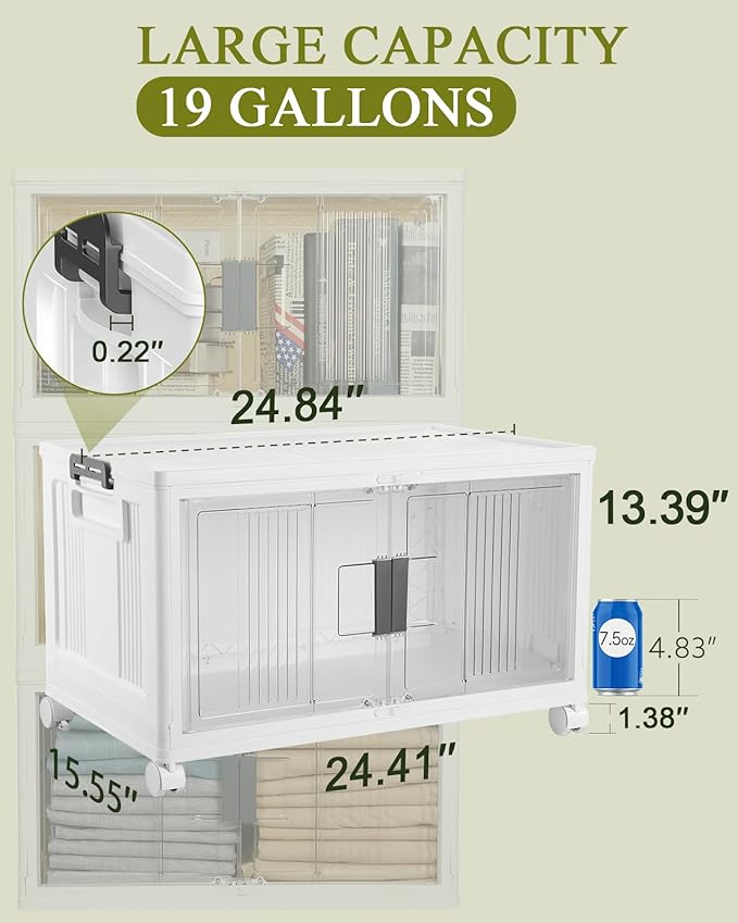 OlarHike 76QT Lockable Storage Bins with Lids - Folding Storage box with Doors and Wheels, Collapsible Plastic Storage Bins for Closets, Stackable Storage Organizer, Storage Containers, 4 Pack Cubes