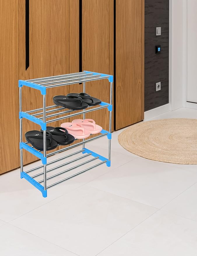 LNYZQUS Upgrade 4 Tier Small Shoe Rack, Kids Show Rack Closet Shoe Organizer,Compact Stackable Shoe Shelf Shoe Stand Floor Shoe Rack for Narrow Space,Zapateras Organizer for Shoes (Blue)