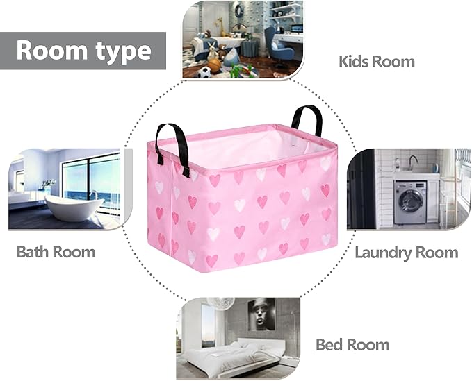 Valentine's Day Gift Basket Pink Heart Print Box Hamper Storage Basket Collapsible Organizer Bin Gift Shelf Baskets for Home and Kitchen Storage