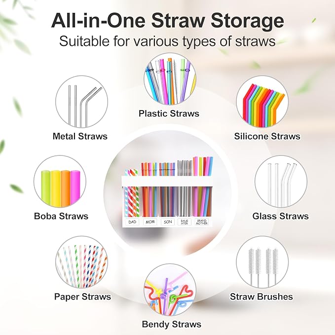 2 Pack 9.5” Large Acrylic Straw Holder for Cabinet Door with Detachable Ultra Sticky Adhesive Squares and Stickers, 2026 Reusable Straws Organizer Storage Dispenser for Kitchen Counter Cupboard