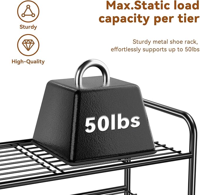 Shoe Rack 2 Tier, Metal Shoe Storage Organizer Shelf for Closet, Stackble & Adjustable, Black