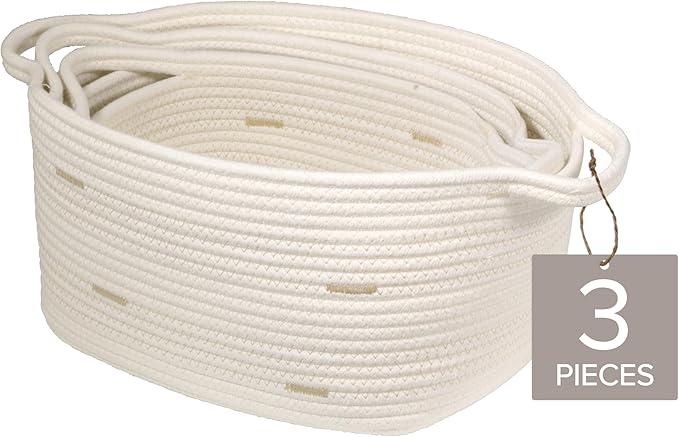 RGI Home Storage Baskets for Organizing, Fabric Rope, Set of 3, Decorative Woven Bins with Easy-Carry Handles, Multiple Sizes, Durable and Stylish, Ivory with Beige Accents