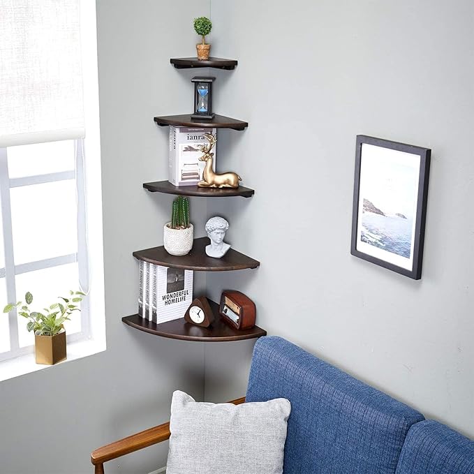 Corner Shelves, Floating Corner Shelf, Set of 2 12inch Solid Oak Wood Corner Wall Shelves, Round End with Wire Hole for Small Plant for Bedroom Kitchen, Living Room