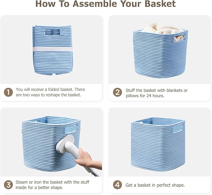 UBBCARE Set of 4 Cotton Rope Basket 13 X 13 X 13 Inches, Woven Storage Baskets for Shelves, Organizing with Handles, Cube Storage Bins for Storage Books, Magazines, Blue