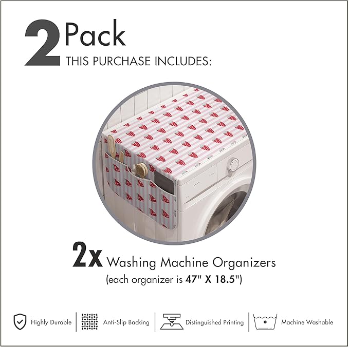 Ambesonne Strawberry Washing Machine Organizer Pack of 2, Girlish Pattern with Tasty Fruits on Stripes, Anti-Slip Cover for Washers Dryers, 47" x 18.5", Pink Seafoam