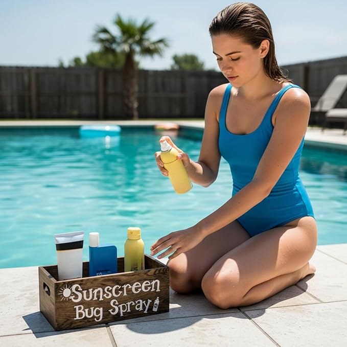 Sunscreen Bug Spray Storage Basket Summer Beach Wooden Box with 3 Compartment Dark Brown Toilet Tank Tray for Indoor Outdoor Swimming Pool Decor Sunblock Sunglasses Pool Toy Storage Basket