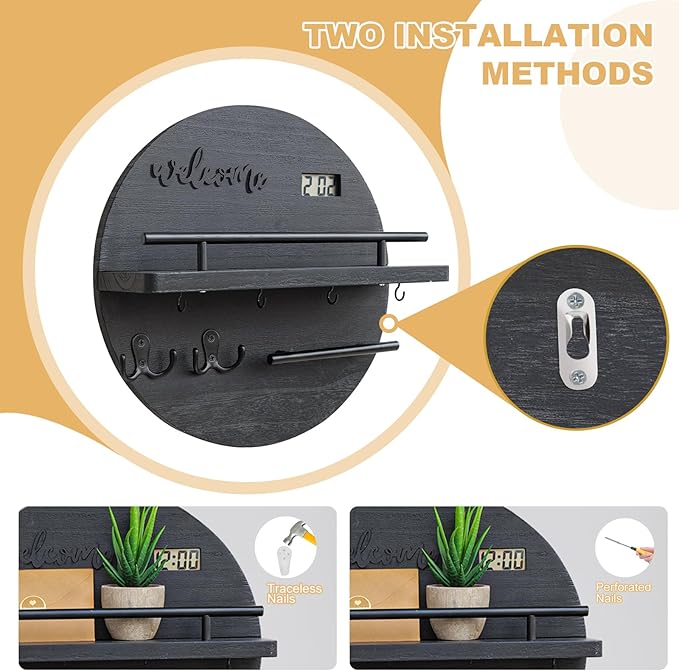 Key Holder for Wall, Key and Mail Holder Organizer with - Key Holder Wall Mount - Round Wooden Rustic Home Decor for Entryway, Mudroom, Hallway, Kitchen Office (Solid Black)
